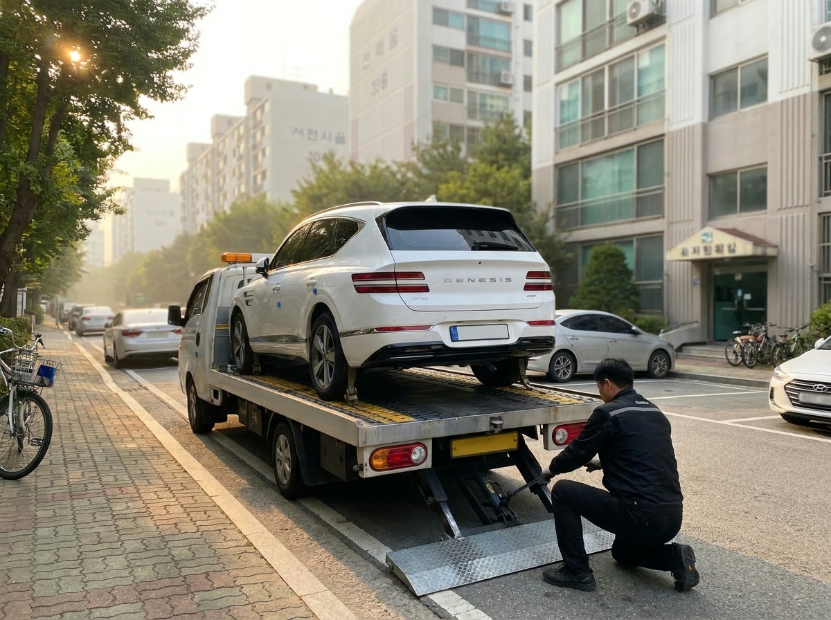 캐리어에 차량을 실어 전국으로 탁송하는 홈배송 모습