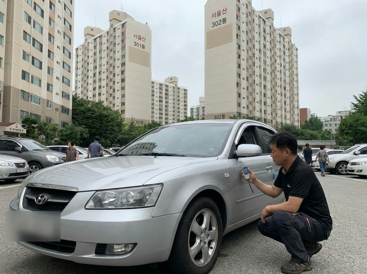 전문 평가사가 차량 도막을 측정하는 출장 진단 모습