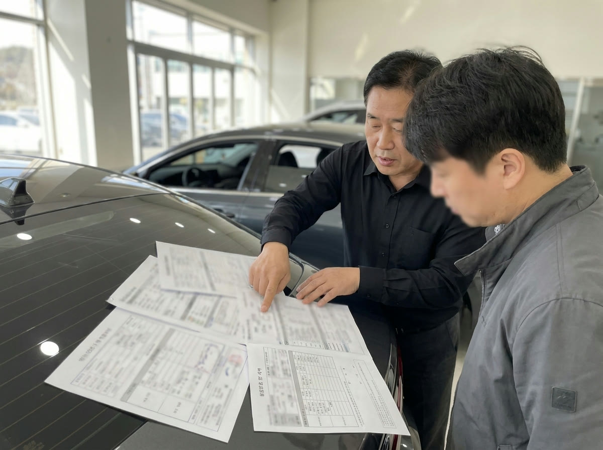 상담사가 고객에게 차량 성능·상태점검기록부를 펼쳐 설명하는 모습
